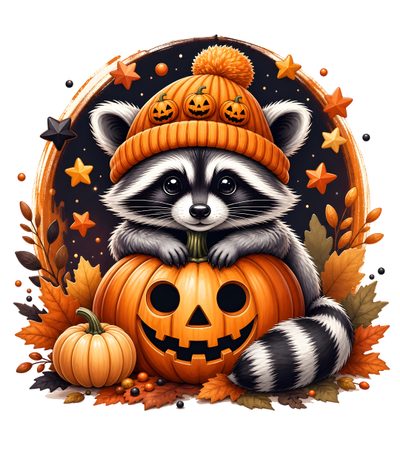 a raccoon wearing a hat sitting on top of a pumpkin Halloween Raccoon Fall Raccoon, Cute Raccoon With Autumn Leaves, Halloween Raccoon, sandy brown
