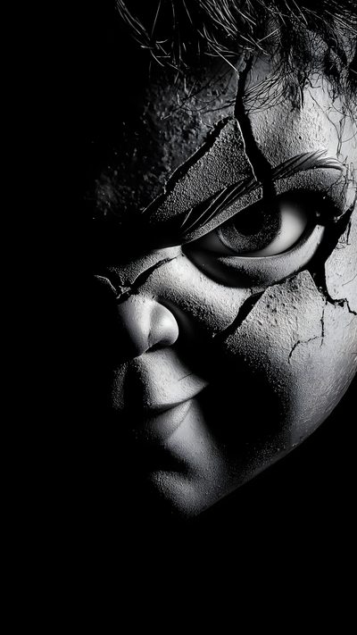 a black and white photo of a person wearing a mask with cracked paint on it's face Halloween Chucky Horror Photos, Rib Tattoos For Guys, Chucky Doll, Creepy Pictures, Creepy Horror, black