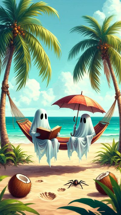 two ghostes sitting in hammocks on the beach under palm trees with an umbrella Beach Halloween Halloween Illustration, Spooky Summer, Ghost On Vacation, Summerween, dark sea green