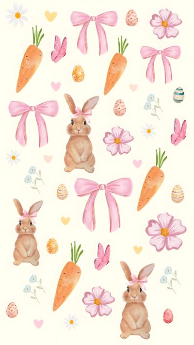 watercolor painting of easter bunnies and carrots with pink bows on white background Halloween Easter Ideas Pink Easter, Iphone Boho, Easter Backgrounds, Cute For Ipad, Easter, ivory