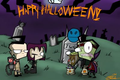 three cartoon characters standing in front of a graveyard with the words happy halloween written on it Invader Zim Halloween Invader Zim Zombie, Gir Invader Zim Pumpkin, Invader Zim Halloween Spectacular Of Spooky Doom, dark slate gray
