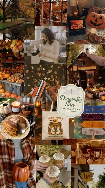 a collage of photos with pumpkins and other things in the background, including food Gilmore Girls Halloween Fall Aesthetic Gilmore, Gilmore Girls Fall Aesthetic, Fall Gilmore Girls, saddle brown