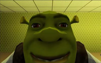 a green creature with horns and eyes in a room Halloween Shrek For Pc Meme, Scary Ipad, Meme For Laptop, Funny But Aesthetic, Funny Macbook, dark olive green