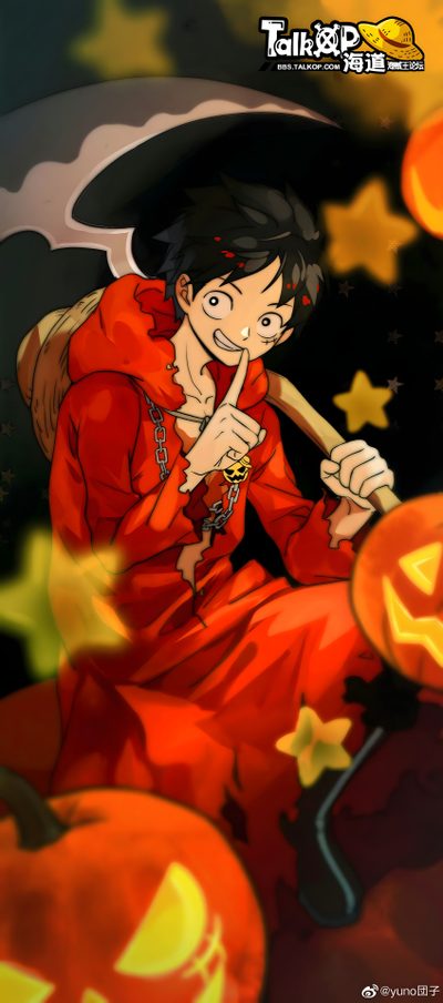 an anime character sitting on top of a pile of pumpkins Luffy Halloween Thanksgiving One Piece, One Piece Halloween 4k, Luffy Outfit Halloween, maroon