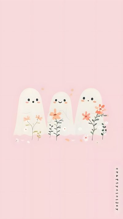 three ghost with flowers on pink background Halloween Pastel Ideas Cute Pink Ghost, Pink Ghost Aesthetic, Cute Halloween, misty rose