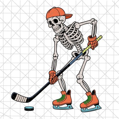 a skeleton playing ice hockey with an orange helmet and green boots on it's feet Hockey Halloween Skeleton Playing Hockey, Skeleton Hockey, Hockey Skate Svg, white