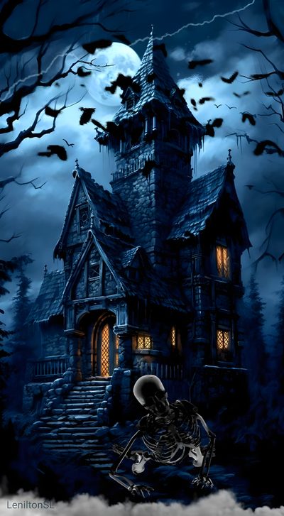 a creepy house with a skeleton on the ground in front of it and bats flying around Halloween Live Halloween Haunted House Animation, Scary Haunted House Animation, Haunted Manor Animated, midnight blue