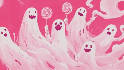 a group of ghost holding lollipops in their hands with pink sky and clouds behind them Pink Halloween Desktop Cute Spooky Desktop, Pink Halloween Ipad, Pink Halloween Laptop, thistle