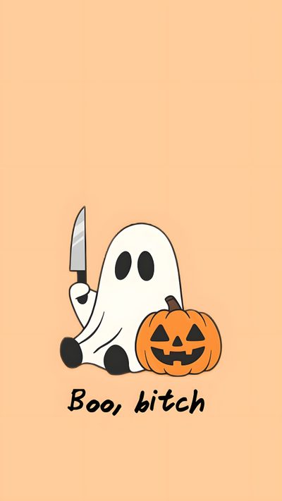 a cartoon ghost with a knife in it's mouth sitting next to a pumpkin Funny Halloween Iphone Cute Halloween For Ipad, Best Friend Halloween, Halloween For A Ipad, navajo white