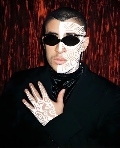 a man with white paint on his face and hands, wearing black clothing and sunglasses Bad Bunny Halloween Bad Bunny Sun Costume, Bad Bunny Costume Ideas, Bad Bunny Cosplay, black