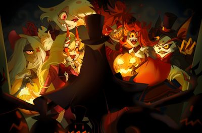 an animated halloween scene with cats and pumpkins Hazbin Hotel Halloween Hazbin Hotel Thanksgiving, Hazbin Hotel Halloween, Hazbin Halloween, black
