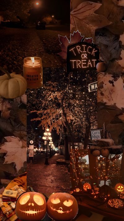 pumpkins and candles are on display in front of a trick treat sign Halloween Halloween October Helloween Picture, Halloween Esthetics Background, Halloween And Fall, black