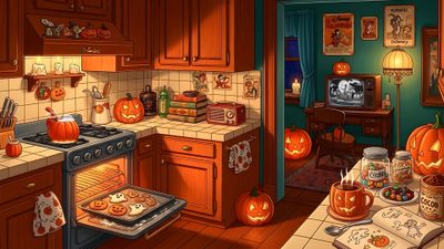 a kitchen decorated for halloween with pumpkins on the stove and other items in the oven Halloween Kitchen Cozy Halloween Desktop, The Creator, Cozy Fall Lofi, Cozy Autumn Pc, Halloween, saddle brown
