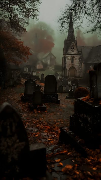 an old cemetery with tombstones and trees in the background on a foggy day Grunge Halloween Aesthetic Spooky Thing, Spooky Backgrounds Aesthetic, Spooky Things, Iphone Halloween, black