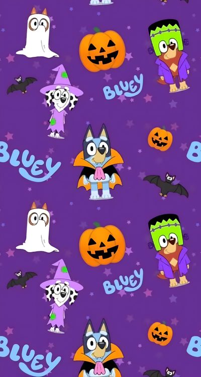 a purple background with lots of cartoon characters on it Bingo Halloween Bluey And Bingo Halloween, Bluey Thanksgiving, Bluey Fall, dark slate blue