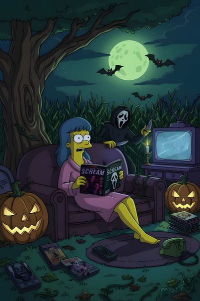 the simpsons is reading a book in front of his halloween scene with jack - o'- lanternes Simpsons Halloween 4k Halloween Simpsons, Trippy Halloween Art, Halloween Profile Pics, dark slate gray