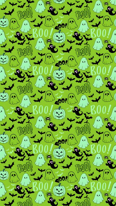 a green halloween background with black and white ghost, pumpkins and bats on it Cute Green Halloween Cute Green Halloween, Aesthetic Green Halloween Background, Dark Green Halloween,