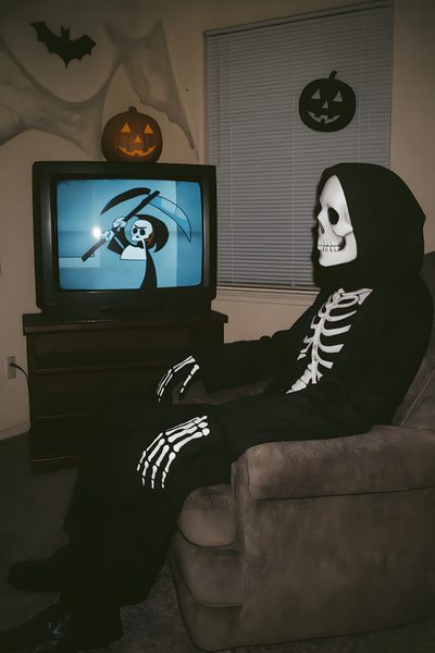 a skeleton sitting in front of a tv wearing a hoodie and holding a bat Vhs Halloween Halloween Pfp Skeleton, Cool Skeleton Pfps, Scary Skeleton Pfp, dark slate gray