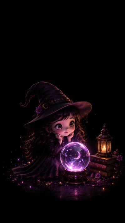 a witch holding a crystal ball in front of her face and wearing a black hat Halloween Cute Witch Purple Creepy Dolls, Witch Girl, Mystical Creatures, Digital Art Girl, black