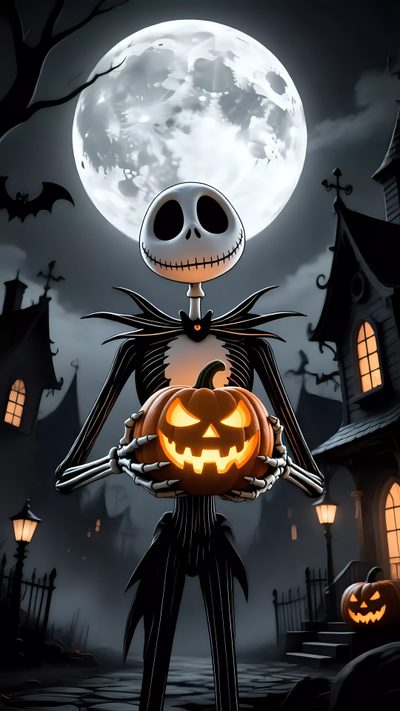 a cartoon skeleton holding a jack - o'- lantern in front of a full moon Halloween Jack Skeleton Jack The Pumpkin King, Pumpkin King, Jack Skeleton, dark slate gray