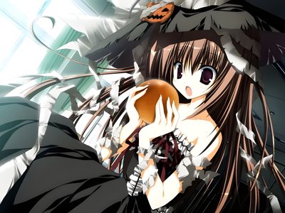 a girl with long hair wearing a witches hat and holding a pumpkin in her hand Anime Halloween Pc Halloween Anime Banner, Horror Anime 2000s, 2000s Nightcore, Nightcore 2000s, dim gray