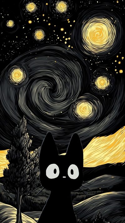 a black cat sitting on top of a field under a night sky filled with stars Halloween Starry Night Cat Pattern, Gatos, Starry Night, Black Cat Aesthetic, Arte Van Gogh,
