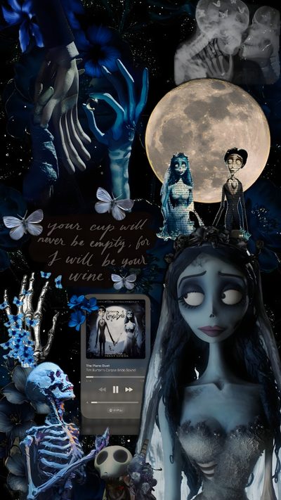 the corpse bride is surrounded by skeletons and flowers Halloween Iphone Corpse Bride Halloween Corpse Bride, Corpse Bride Background, Corpse Bride Lockscreen, black
