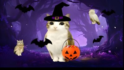 a cat wearing a witches hat and holding a trick bag with two cats in the background Generic Halloween Cat Desktop Meowl Background Pc, Meowl Cat, Meowl Desktop, Meowl Pc, Meowl, midnight blue