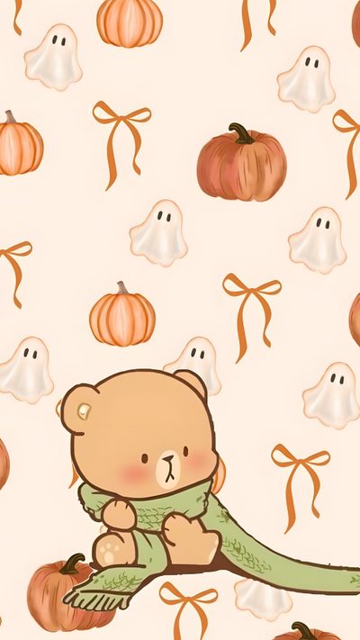 a teddy bear is sitting on a branch with pumpkins and ghost's in the background Cute Bear Halloween Matching Fall For Couples, Halloween Bff, Cute Halloween Bff, Matching Halloween, linen
