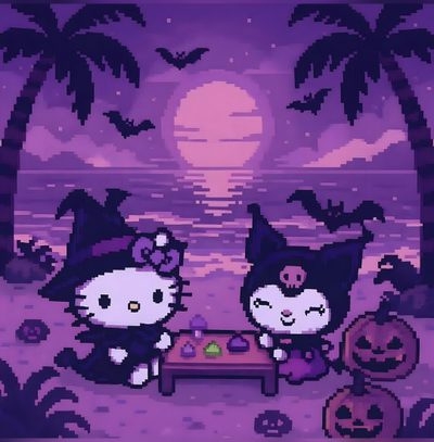 two hello kitty characters sitting at a table with pumpkins in front of the moon Halloween Purple Halloween Cute Kuromi Ipad Lockscreen, Purple Iphone, Mood, Sanrio, Trendy, dark slate blue