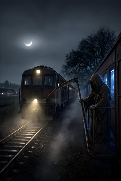 a person standing next to a train at night Halloween Ghost Train The Grim, Grim Reaper, dark slate gray