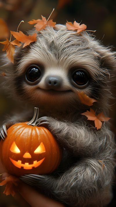 a baby sloth holding a jack - o'- lantern Halloween Sloth Cute Sloth Idea, Spooky Sloth Halloween, Halloween Owl, dark olive green
