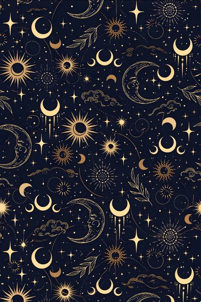 an image of the night sky with stars and crescents on it, as well as moon Hand Drawn Halloween Constellation Navy Celestial Pattern Design, Esoteric Pattern, Celestial Pattern, black