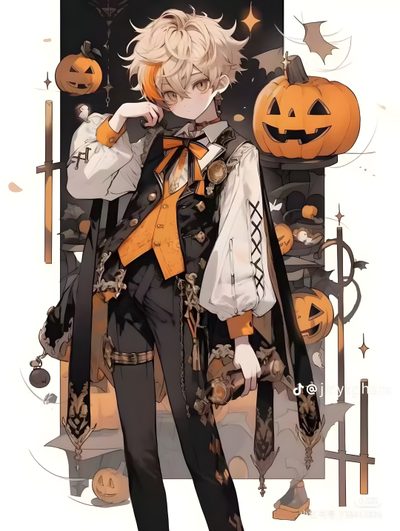 an anime character is standing in front of pumpkins Halloween Anime Boy Halloween Poses Drawing, Scarecrow Studio Ghibli, Studio Ghibli Scarecrow, rosy brown