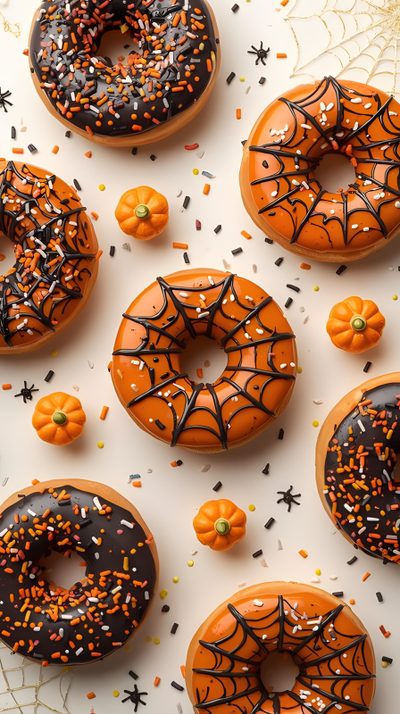 halloween donuts with sprinkles and black icing on white surface next to spider web Halloween Treats Halloween Donuts 2025, Donuts Halloween, Halloween-themed Decorated Donuts, peru