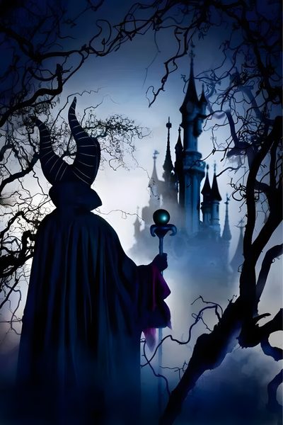 a wizard standing in front of a castle at night Maleficent Halloween Maleficent Castle, Malificent Castle, Maleficents Castle, midnight blue