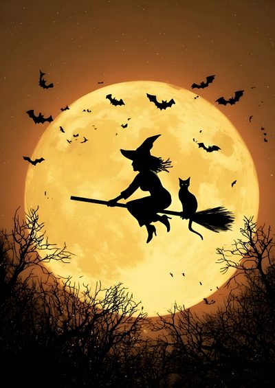 a halloween scene with a full moon and witch on a broom flying through the air Witch Broomstick For Halloween Halloween Wall Art, Fabric Painting, Halloween Painting, saddle brown