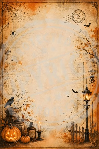 a grungy halloween background with pumpkins, lanterns and a crow on it Rustic Halloween Halloween, burlywood