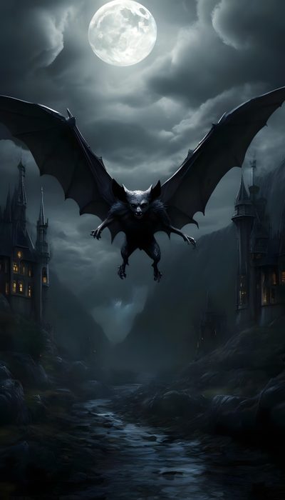 a large bat flying over a river in front of a castle with a full moon Halloween Flying Monster Flying Vampires, Scary Bats At Night, Vampires Flying, dark slate gray