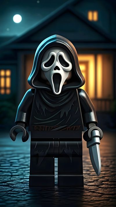 a lego figure with a ghost face and knife in front of a house at night Halloween Lego Creepy Gif, Lego Universe, Creepy Vintage, Horror Pictures, Lego, Scream Movie, black