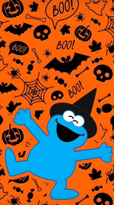 an image of a cartoon character with halloween decorations on the wall behind it and words that spell out boo Sesame Street Halloween Cookie Monster Halloween Gif, Cookie Monster Halloween, Elmo And Cookie Monster Background, chocolate