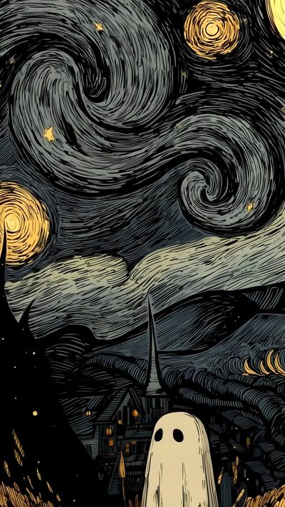 a painting of a ghost in front of a night sky with stars and swirls Van Gogh Starry Night Halloween Cartoon, Dark, Pretty Backgrounds, Arte Van Gogh, dark slate gray