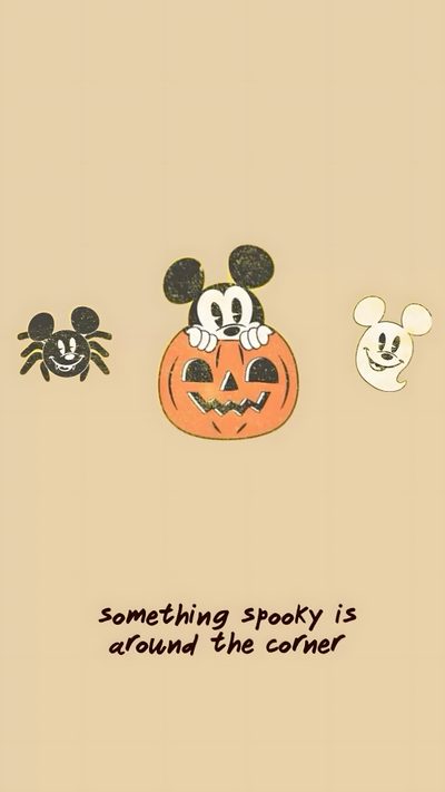 mickey and minnie mouse pumpkins with the words, something spooky is around the corner Disneyland Halloween Aesthetic Halloween Disney, Halloween Disney Aesthetic, Disney Halloween Aesthetic, wheat