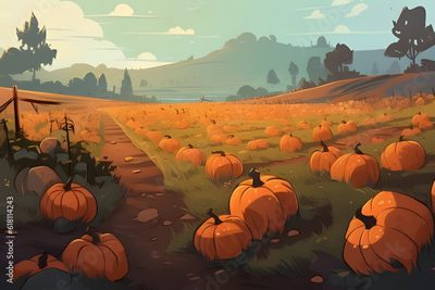 a field full of pumpkins with mountains in the background and trees on either side Halloween Pumpkin Patch How To Draw A Pumpkin Patch, Pumpkin Patch Drawing Easy, Pumpkin Patch Drawing Ideas, sienna