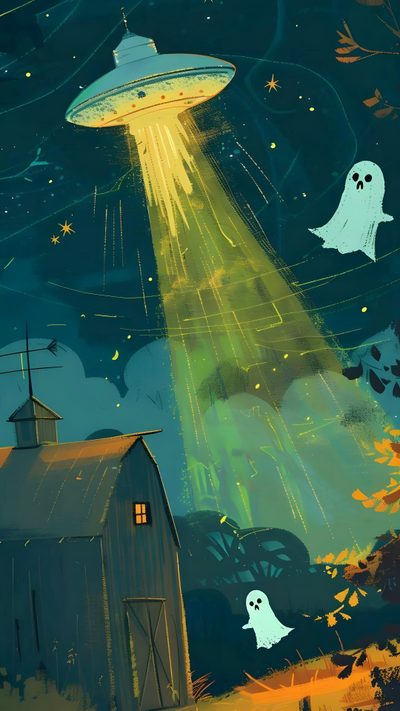 an alien flying over a barn in the night with ghost on it's roof Alien Halloween Cryptid Phone, Cute Ufo, Ufo Aesthetic, Spooky Phone, Green Ghost, dark slate gray