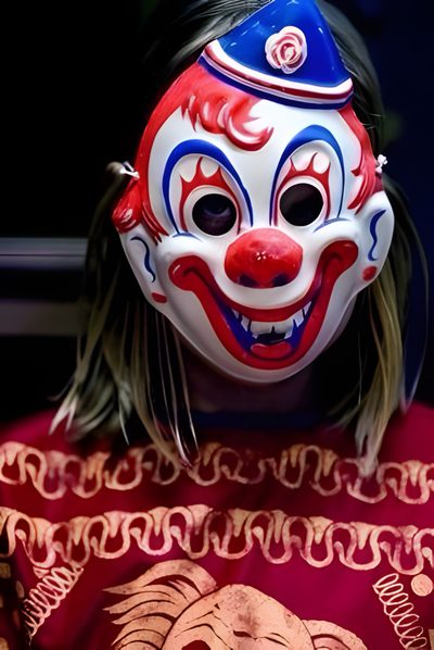 a woman wearing a red and blue clown mask with long hair in front of her face Halloween Rob Zombie Halloween Rob Zombie, Zombie Photo, Michael Myers Art, Halloween 2007, Evil Dead, maroon