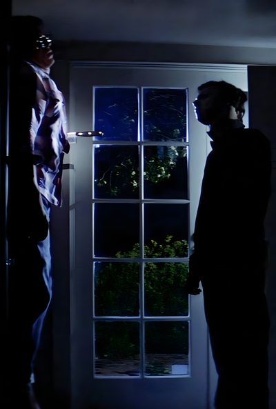 two people standing in front of an open door at night, with the light on Halloween 1978 4k Michael Myers 1978, Horror Slasher, Michael Myers, Michael Myers Movies, black