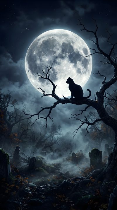 a black cat sitting on top of a tree branch in front of a full moon Ios 26 Depth Effect Halloween Hipster, Free Download, Beautiful Dark Art, dark slate gray