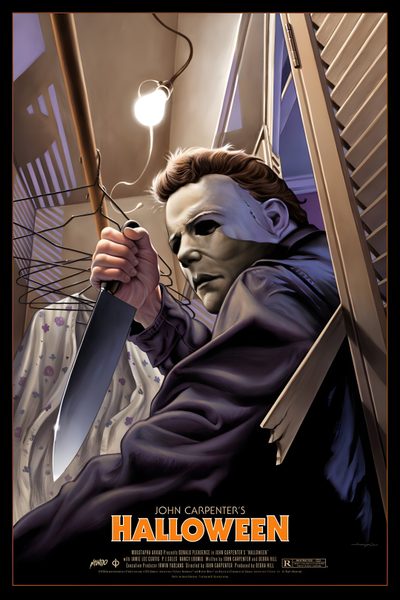 a movie poster for halloween with a man holding a knife and looking at the camera Halloween 1978 Vintage Slasher Movie Posters, Michael Myers Movie Poster, 80s Slasher Movie Posters, dark slate gray