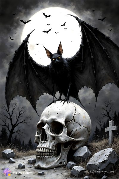 a bat sitting on top of a skull in front of a full moon Halloween Skull And Bat Creepy Bats, Scary Bats, Skull And Bat, Halloween Skull And Bat, dark slate gray